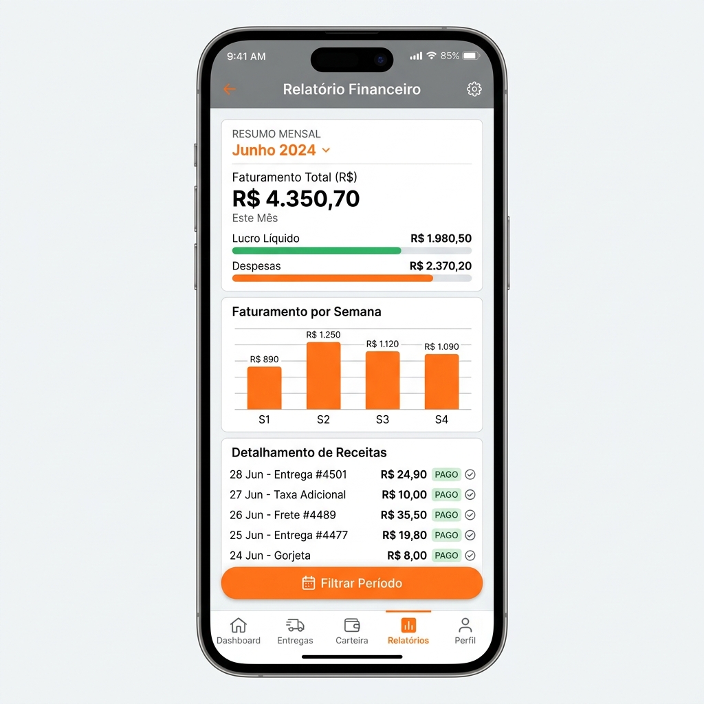 Tela de relatório financeiro do app Android